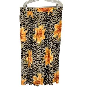 Vintage Animal Print Pleated Maxi Skirt 20W Brown Floral Boho Indie Retro Mod